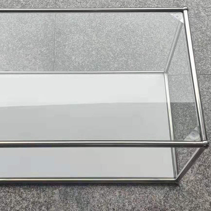 Rectangular Steel Coffee Table Modern Glass Top Cocktail Table with Floor Shelf