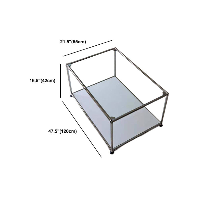 Rectangular Steel Coffee Table Modern Glass Top Cocktail Table with Floor Shelf