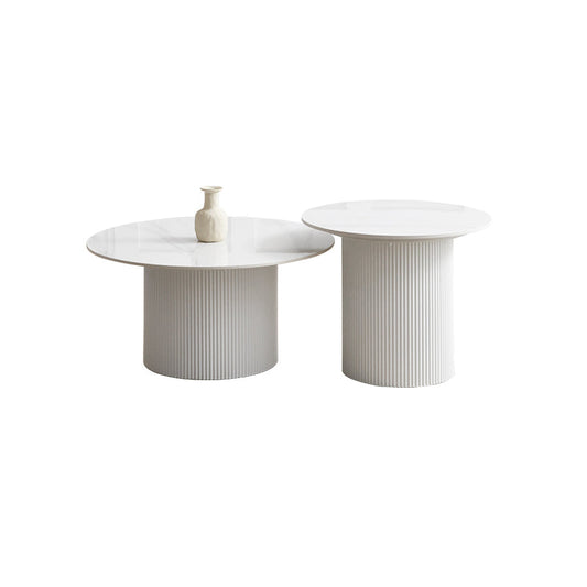 Slate Round Coffee Table Pedestal Cocktail Table Set in White Clearhalo 'Coffee & Accent Tables' 'Coffee Tables' 'coffee_tables' 'furn' 'furn_coffee_tables' 'Furniture' 'Living Room Furniture' 6025352