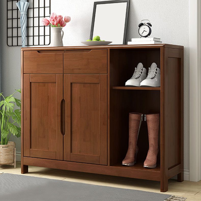 Mid-Century Cabinet with 2 Doors and 2 Drawers in Rubberwood 47.2"L x 15.7"W x 39.4"H Walnut Clearhalo 'Cabinets & Chests' 'cabinets_chests' 'furn' 'furn_cabinets_chests' 'Furniture' 'Living Room Furniture' 6025373