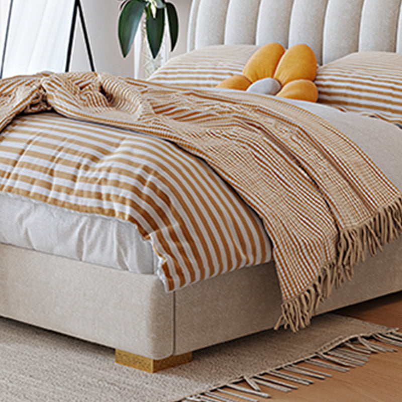 Beige Upholstered Headboard Bed Rectangular Panel Solid Wood Bed