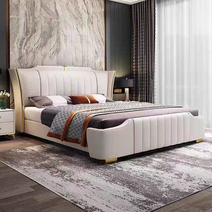 Glam Pine Wood Upholstered Headboard Rectangular Wingback Bed