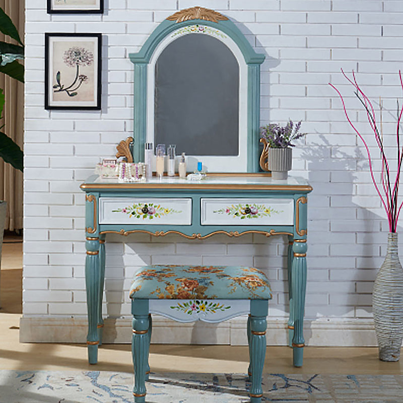 Wood Vanity Set 17.71" Wide Make-up Vanity with 2 Storage Drawers and Stool Makeup Vanity & Stools Ocean Blue Clearhalo 'Bedroom Furniture' 'furn' 'furn_makeup_vanities' 'Furniture' 'Makeup Vanities' 'makeup_vanities' 6025773