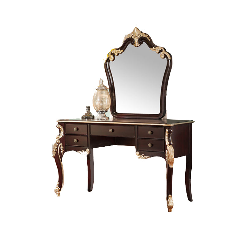 Contatore di trucco marrone con specchio da 19,68 "tavoli da vanità in legno largo con 5 cassetti