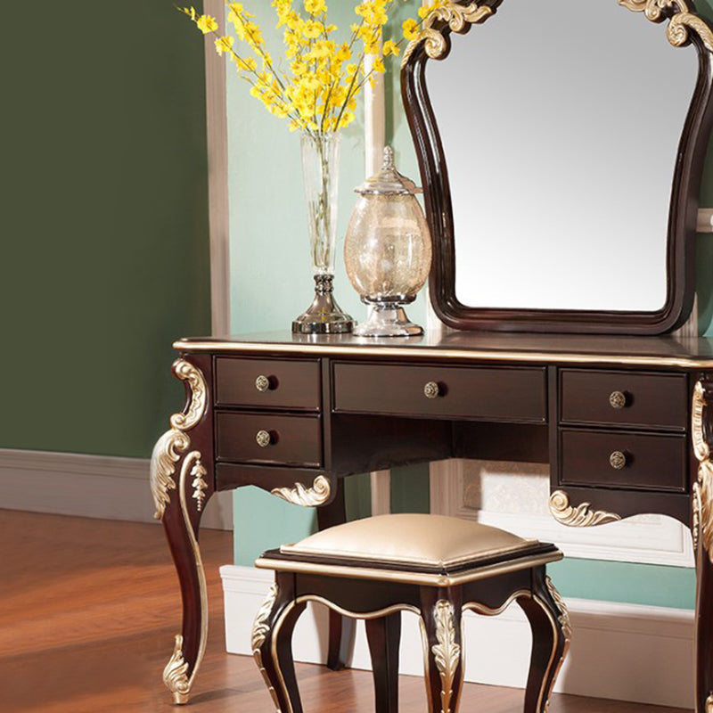 Contatore di trucco marrone con specchio da 19,68 "tavoli da vanità in legno largo con 5 cassetti