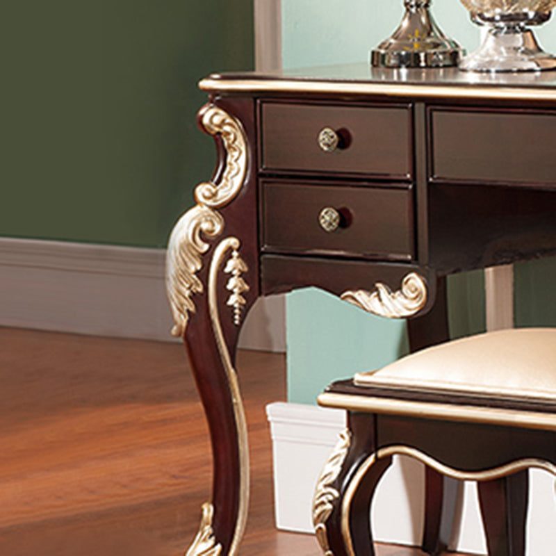 Contatore di trucco marrone con specchio da 19,68 "tavoli da vanità in legno largo con 5 cassetti