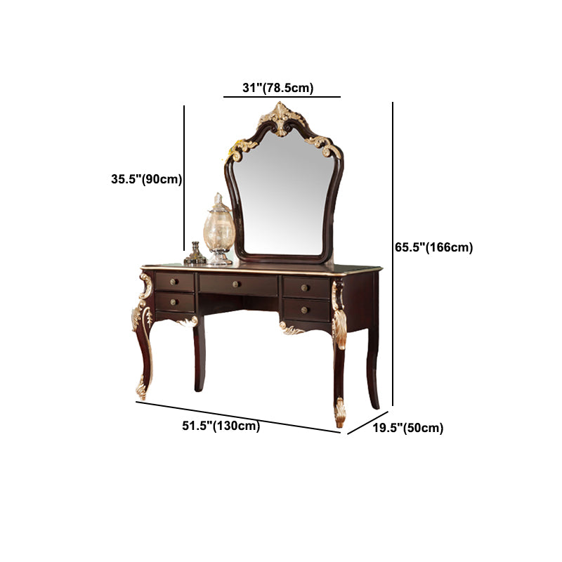 Contatore di trucco marrone con specchio da 19,68 "tavoli da vanità in legno largo con 5 cassetti