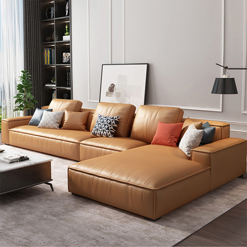 Nordic Recessed Arm Stationary Faux Leather Living Room Sofa Chaise Orange Right Clearhalo 'furn' 'furn_sectionals' 'Furniture' 'Living Room Furniture' 'Sectionals' 6026405