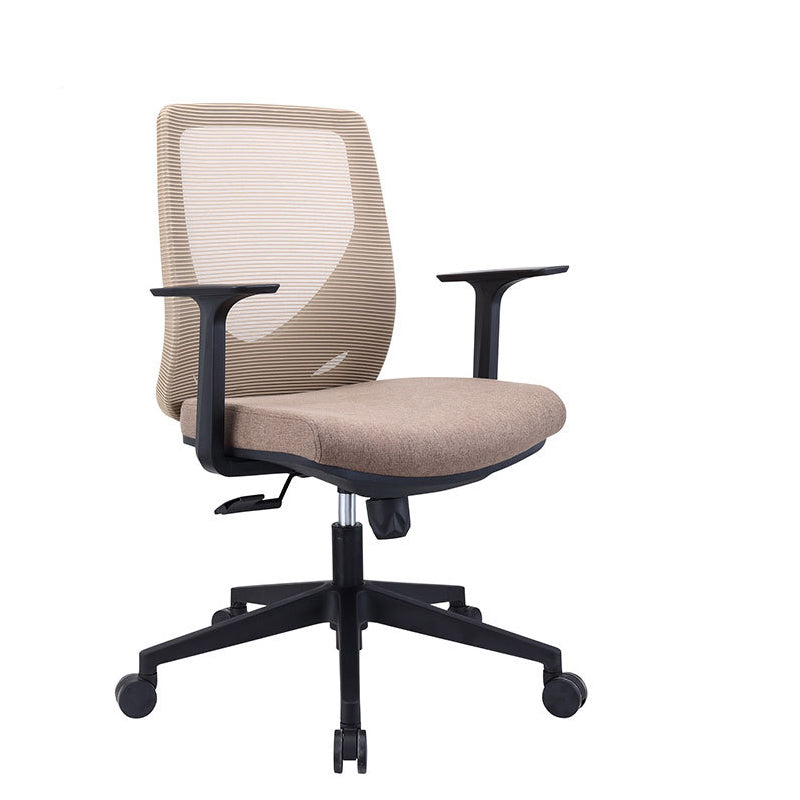 Eigentijdse fauteuil met vaste armleuningen, bruine bureaustoel met middenrug