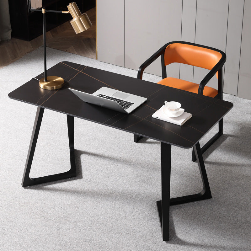 Black Rectangular Office Desk with Black Metal Base Modern Desk 55.1"L x 27.6"W x 29.5"H Clearhalo 'furn' 'furn_office_desk' 'Furniture' 'Office Desks' 'Office Furniture' 'office_desk' 6031638