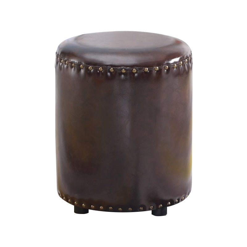Round Contemporary Pouf Pure Color Nailhead Trim PU Leather Pouf Ottoman 14"L x 14"W x 16"H Brown 1 Piece Clearhalo 'furn' 'furn_ottomans_poufs' 'Furniture' 'Living Room Furniture' 'Ottomans & Poufs' 'ottomans_poufs' 6033256