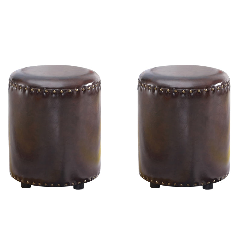 Round Contemporary Pouf Pure Color Nailhead Trim PU Leather Pouf Ottoman 14"L x 14"W x 16"H Brown 2 Piece Set Clearhalo 'furn' 'furn_ottomans_poufs' 'Furniture' 'Living Room Furniture' 'Ottomans & Poufs' 'ottomans_poufs' 6033257
