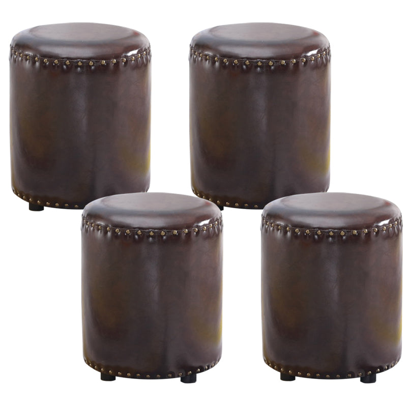 Round Contemporary Pouf Pure Color Nailhead Trim PU Leather Pouf Ottoman 14"L x 14"W x 16"H Brown 4 Piece Set Clearhalo 'furn' 'furn_ottomans_poufs' 'Furniture' 'Living Room Furniture' 'Ottomans & Poufs' 'ottomans_poufs' 6033259