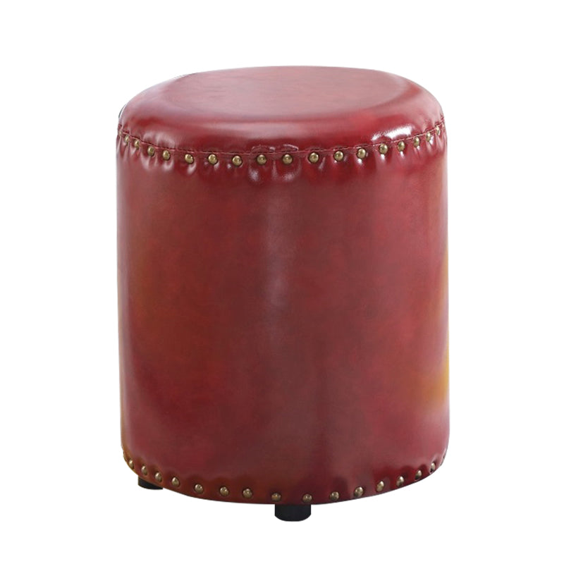 Round Contemporary Pouf Pure Color Nailhead Trim PU Leather Pouf Ottoman 14"L x 14"W x 16"H Burgundy 1 Piece Clearhalo 'furn' 'furn_ottomans_poufs' 'Furniture' 'Living Room Furniture' 'Ottomans & Poufs' 'ottomans_poufs' 6033262