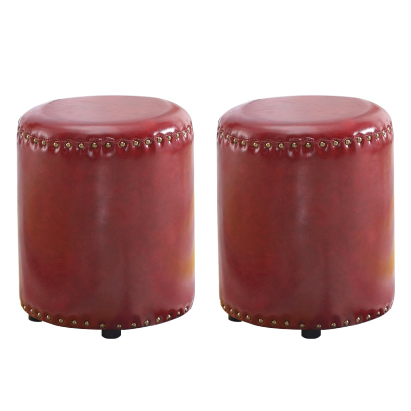 Round Contemporary Pouf Pure Color Nailhead Trim PU Leather Pouf Ottoman 14"L x 14"W x 16"H Burgundy 2 Piece Set Clearhalo 'furn' 'furn_ottomans_poufs' 'Furniture' 'Living Room Furniture' 'Ottomans & Poufs' 'ottomans_poufs' 6033263
