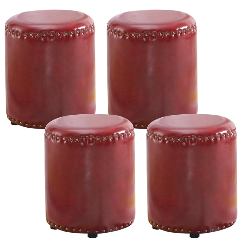 Round Contemporary Pouf Pure Color Nailhead Trim PU Leather Pouf Ottoman 14"L x 14"W x 16"H Burgundy 4 Piece Set Clearhalo 'furn' 'furn_ottomans_poufs' 'Furniture' 'Living Room Furniture' 'Ottomans & Poufs' 'ottomans_poufs' 6033266
