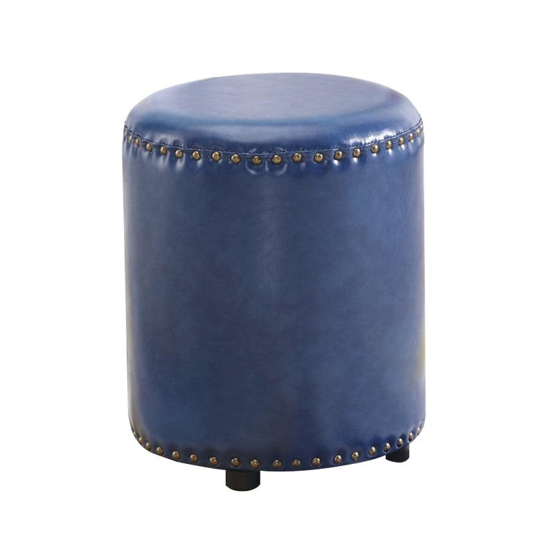 Round Contemporary Pouf Pure Color Nailhead Trim PU Leather Pouf Ottoman 14"L x 14"W x 16"H Blue 1 Piece Clearhalo 'furn' 'furn_ottomans_poufs' 'Furniture' 'Living Room Furniture' 'Ottomans & Poufs' 'ottomans_poufs' 6033267