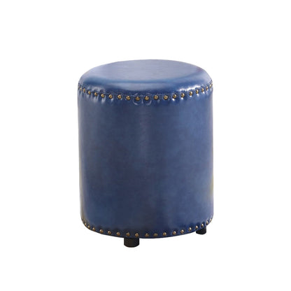 Round Contemporary Pouf Pure Color Nailhead Trim PU Leather Pouf Ottoman 13"L x 13"W x 14"H Blue 1 Piece Clearhalo 'furn' 'furn_ottomans_poufs' 'Furniture' 'Living Room Furniture' 'Ottomans & Poufs' 'ottomans_poufs' 6033273