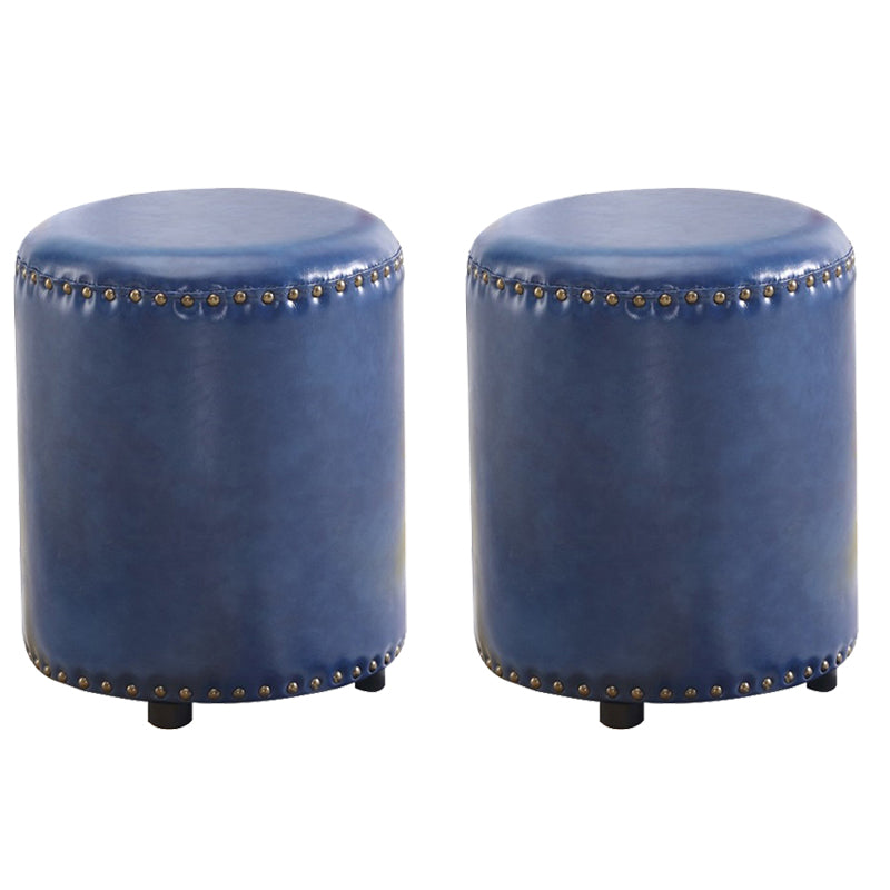 Round Contemporary Pouf Pure Color Nailhead Trim PU Leather Pouf Ottoman 13"L x 13"W x 14"H Blue 2 Piece Set Clearhalo 'furn' 'furn_ottomans_poufs' 'Furniture' 'Living Room Furniture' 'Ottomans & Poufs' 'ottomans_poufs' 6033276