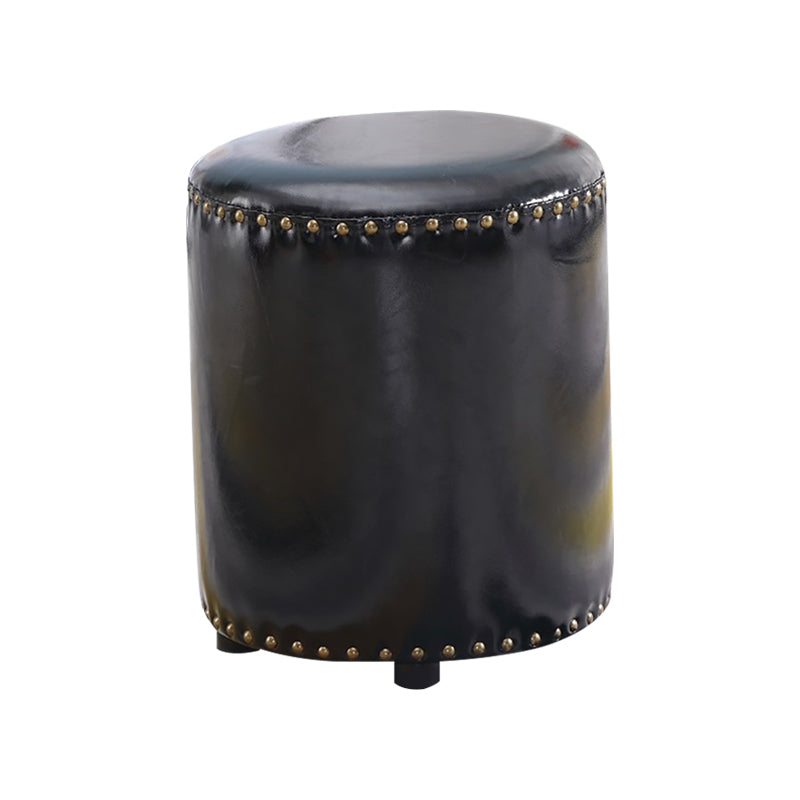 Round Contemporary Pouf Pure Color Nailhead Trim PU Leather Pouf Ottoman 13"L x 13"W x 14"H Black 1 Piece Clearhalo 'furn' 'furn_ottomans_poufs' 'Furniture' 'Living Room Furniture' 'Ottomans & Poufs' 'ottomans_poufs' 6033279