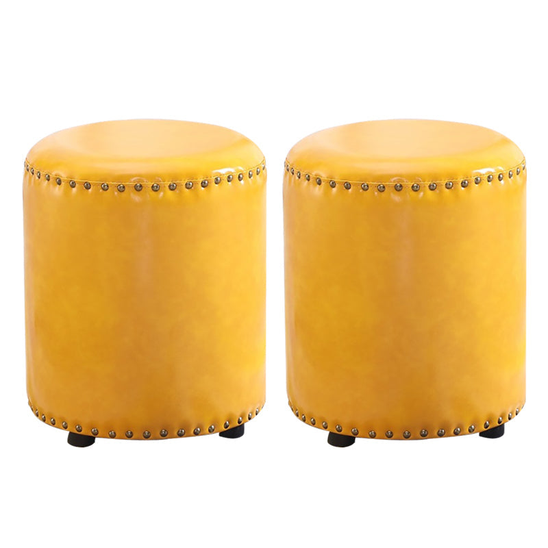 Round Contemporary Pouf Pure Color Nailhead Trim PU Leather Pouf Ottoman 14"L x 14"W x 16"H Yellow 2 Piece Set Clearhalo 'furn' 'furn_ottomans_poufs' 'Furniture' 'Living Room Furniture' 'Ottomans & Poufs' 'ottomans_poufs' 6033283