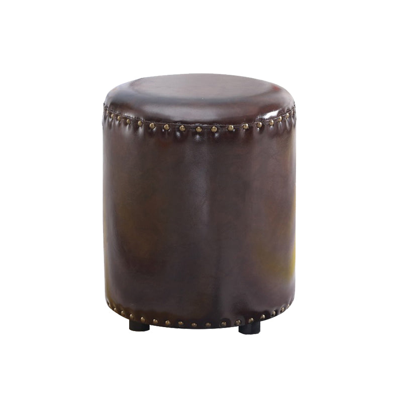 Round Contemporary Pouf Pure Color Nailhead Trim PU Leather Pouf Ottoman 13"L x 13"W x 14"H Brown 1 Piece Clearhalo 'furn' 'furn_ottomans_poufs' 'Furniture' 'Living Room Furniture' 'Ottomans & Poufs' 'ottomans_poufs' 6033285