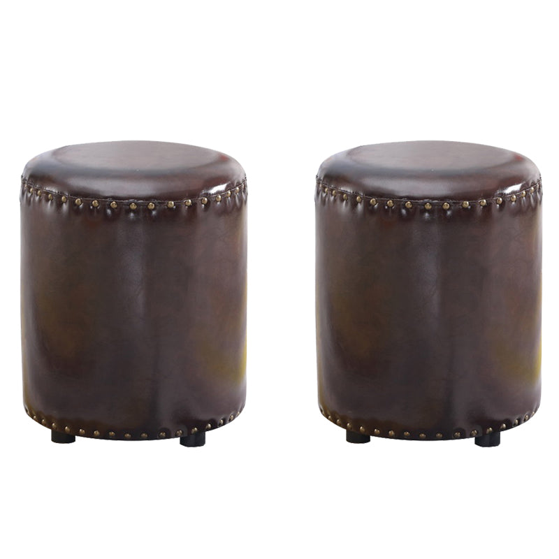 Round Contemporary Pouf Pure Color Nailhead Trim PU Leather Pouf Ottoman 13"L x 13"W x 14"H Brown 2 Piece Set Clearhalo 'furn' 'furn_ottomans_poufs' 'Furniture' 'Living Room Furniture' 'Ottomans & Poufs' 'ottomans_poufs' 6033286