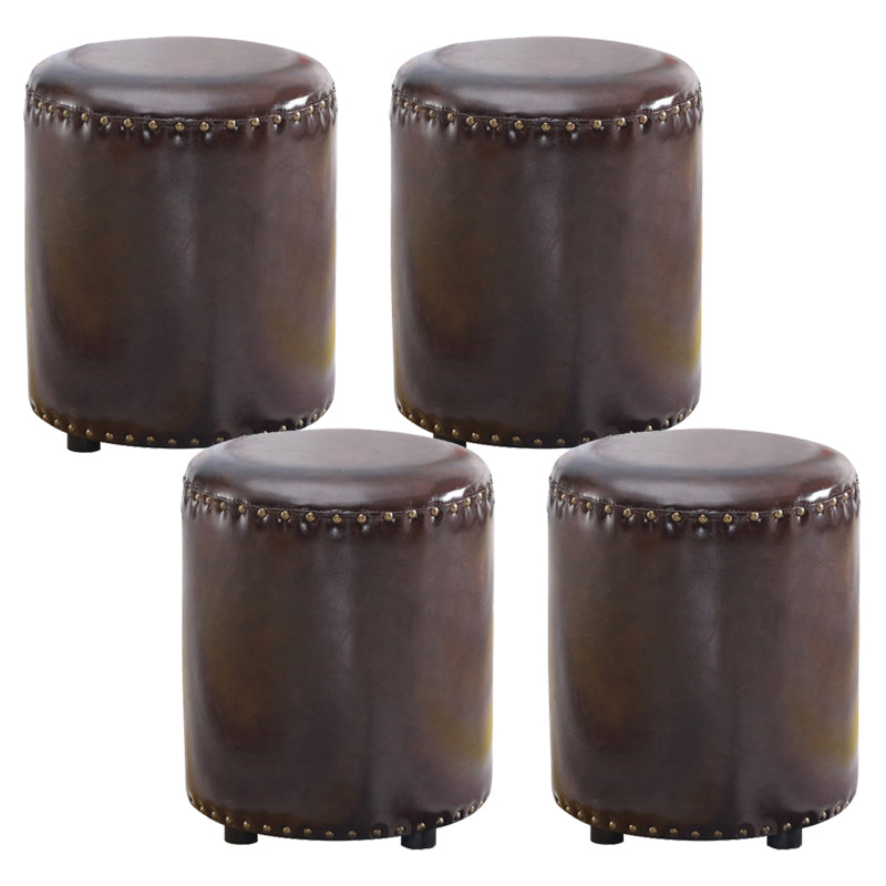 Round Contemporary Pouf Pure Color Nailhead Trim PU Leather Pouf Ottoman 13"L x 13"W x 14"H Brown 4 Piece Set Clearhalo 'furn' 'furn_ottomans_poufs' 'Furniture' 'Living Room Furniture' 'Ottomans & Poufs' 'ottomans_poufs' 6033287