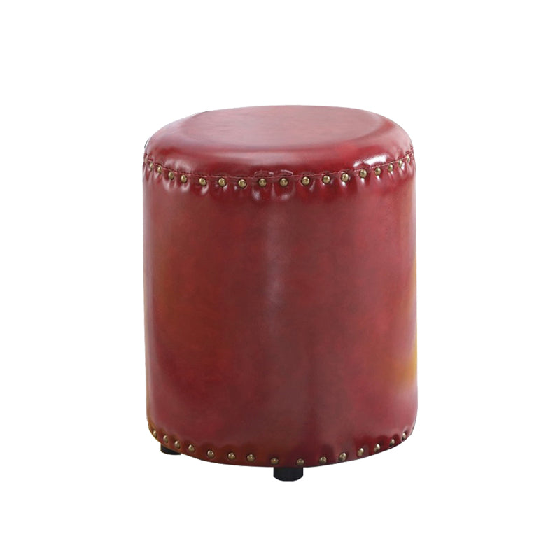 Round Contemporary Pouf Pure Color Nailhead Trim PU Leather Pouf Ottoman 13"L x 13"W x 14"H Burgundy 1 Piece Clearhalo 'furn' 'furn_ottomans_poufs' 'Furniture' 'Living Room Furniture' 'Ottomans & Poufs' 'ottomans_poufs' 6033288