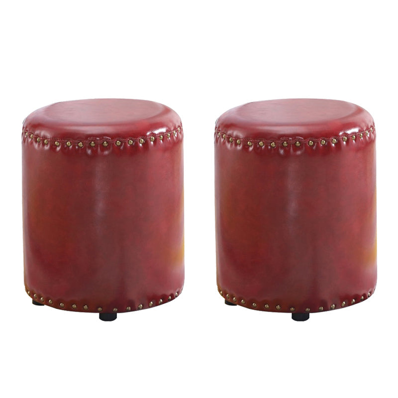 Round Contemporary Pouf Pure Color Nailhead Trim PU Leather Pouf Ottoman 13"L x 13"W x 14"H Burgundy 2 Piece Set Clearhalo 'furn' 'furn_ottomans_poufs' 'Furniture' 'Living Room Furniture' 'Ottomans & Poufs' 'ottomans_poufs' 6033289