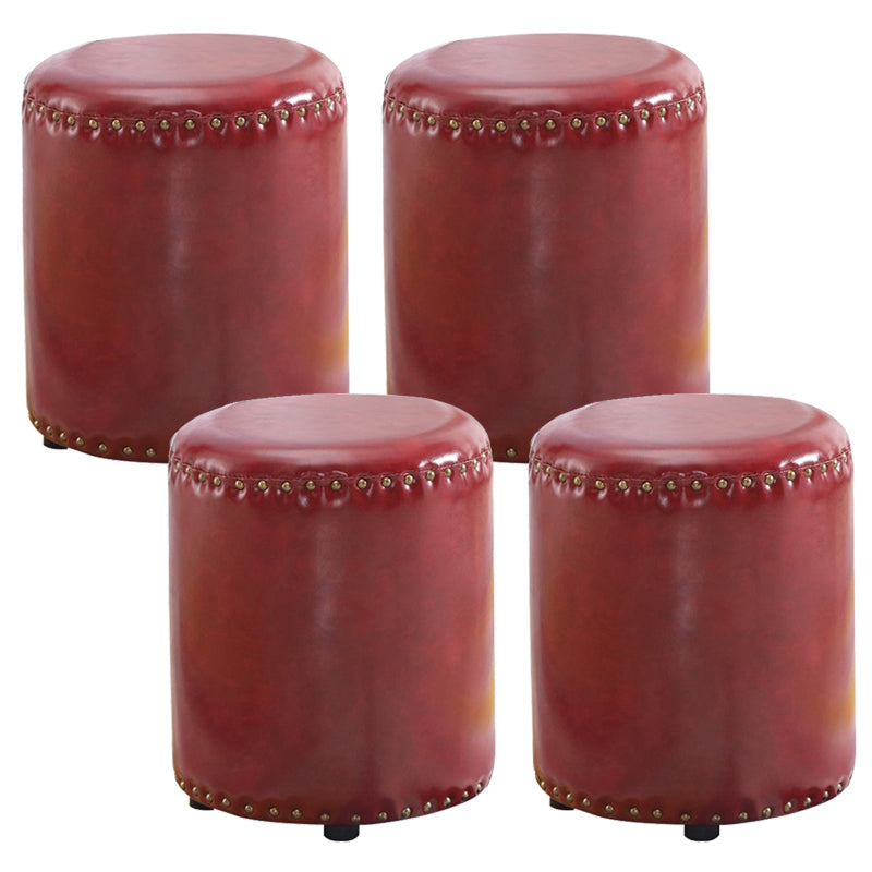 Round Contemporary Pouf Pure Color Nailhead Trim PU Leather Pouf Ottoman 13"L x 13"W x 14"H Burgundy 4 Piece Set Clearhalo 'furn' 'furn_ottomans_poufs' 'Furniture' 'Living Room Furniture' 'Ottomans & Poufs' 'ottomans_poufs' 6033290