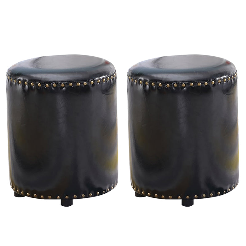 Round Contemporary Pouf Pure Color Nailhead Trim PU Leather Pouf Ottoman 14"L x 14"W x 16"H Black 2 Piece Set Clearhalo 'furn' 'furn_ottomans_poufs' 'Furniture' 'Living Room Furniture' 'Ottomans & Poufs' 'ottomans_poufs' 6033292