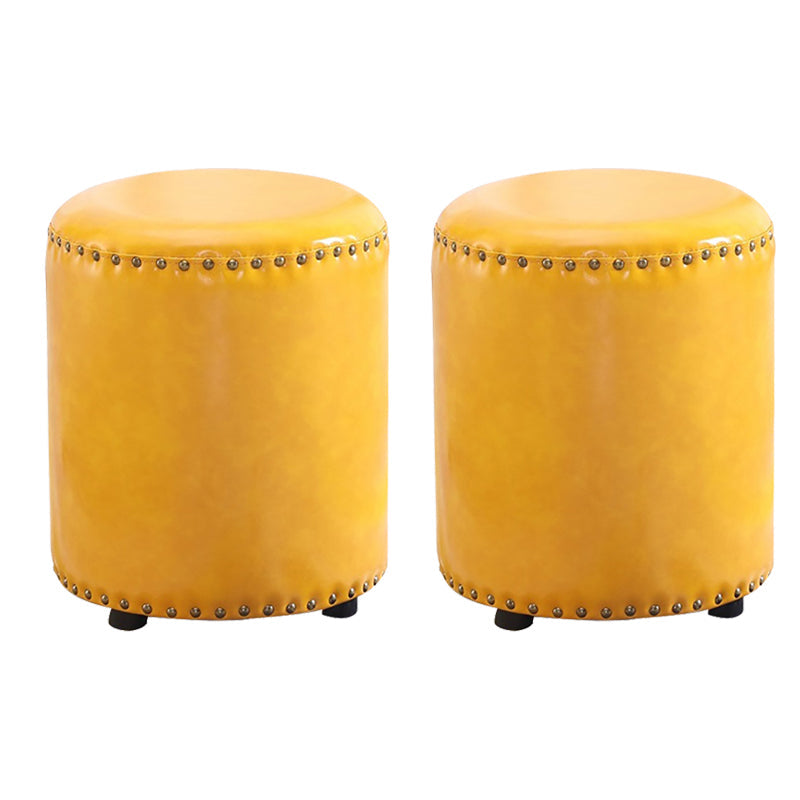 Round Contemporary Pouf Pure Color Nailhead Trim PU Leather Pouf Ottoman 13"L x 13"W x 14"H Yellow 2 Piece Set Clearhalo 'furn' 'furn_ottomans_poufs' 'Furniture' 'Living Room Furniture' 'Ottomans & Poufs' 'ottomans_poufs' 6033295