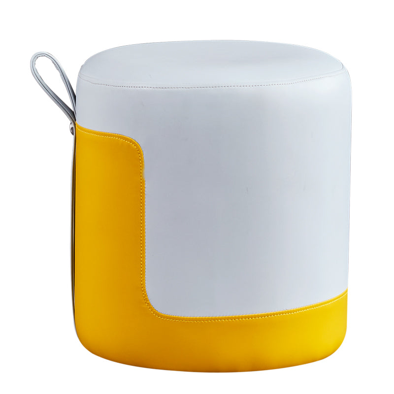 Faux Leather Pouf Round Patchwork Water Resistant Contemporary Pouf Ottoman 14"L x 14"W x 16"H White 1 Piece Clearhalo 'furn' 'furn_ottomans_poufs' 'Furniture' 'Living Room Furniture' 'Ottomans & Poufs' 'ottomans_poufs' 6033360