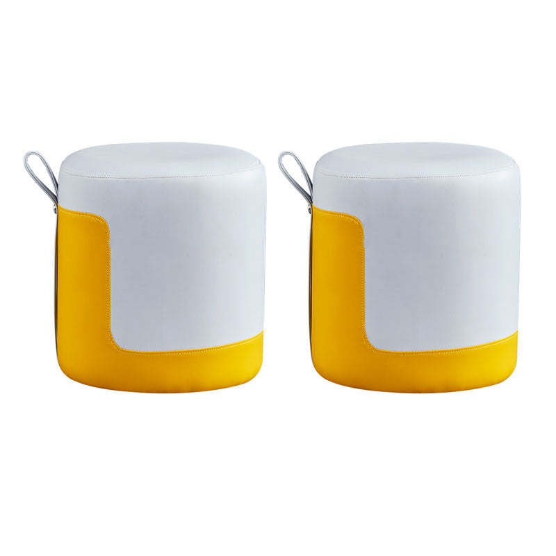 Faux Leather Pouf Round Patchwork Water Resistant Contemporary Pouf Ottoman 14"L x 14"W x 16"H White 2 Piece Set Clearhalo 'furn' 'furn_ottomans_poufs' 'Furniture' 'Living Room Furniture' 'Ottomans & Poufs' 'ottomans_poufs' 6033374