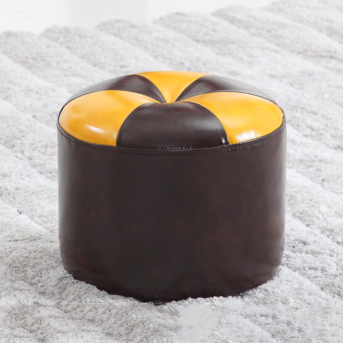 Vintage Indoor Leather Ottoman Patchwork Color Block Round Tufted Pouf Ottoman Brown 1 Piece Clearhalo 'furn' 'furn_ottomans_poufs' 'Furniture' 'Living Room Furniture' 'Ottomans & Poufs' 'ottomans_poufs' 6033835