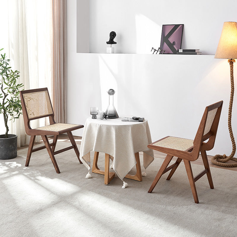 Contemporary Dining Side Chair Solid Wood and Rattan Open Back Armless Chair