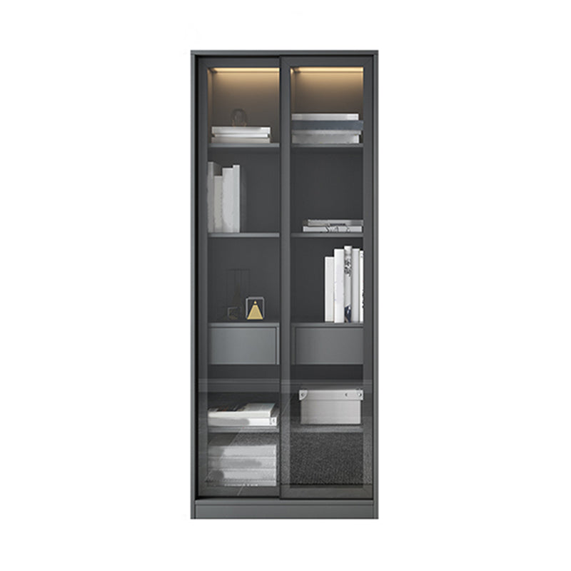 Faux Wood Modern Storage Cabinet Glass Sliding Doors Display Cabinet for Living Room 31"L x 16"W x 79"H Grey Clearhalo 'Display & China Cabinets' 'display_china_cabinets' 'furn' 'furn_display_china_cabinets' 'Furniture' 'Kitchen & Dining Furniture' 6036206