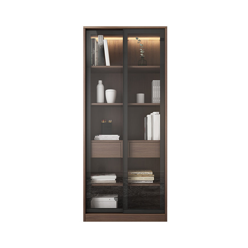 Faux Wood Modern Storage Cabinet Glass Sliding Doors Display Cabinet for Living Room 31"L x 16"W x 79"H Walnut Clearhalo 'Display & China Cabinets' 'display_china_cabinets' 'furn' 'furn_display_china_cabinets' 'Furniture' 'Kitchen & Dining Furniture' 6036207