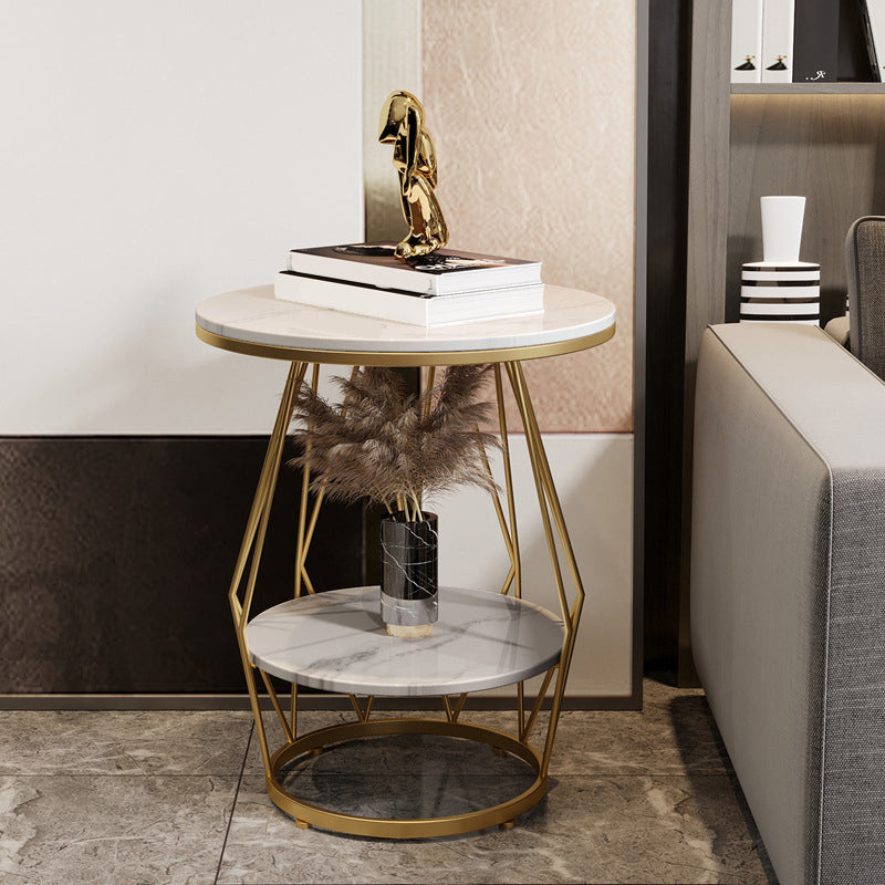 Contemporary Faux Marble Accent Table Nightstand 23.6" Tall Bed Nightstand with 2 Shelves Gold-White 1 Piece Clearhalo 'Bedroom Furniture' 'furn' 'furn_night_stand' 'Furniture' 'night_stand' 'Nightstands' 6036594