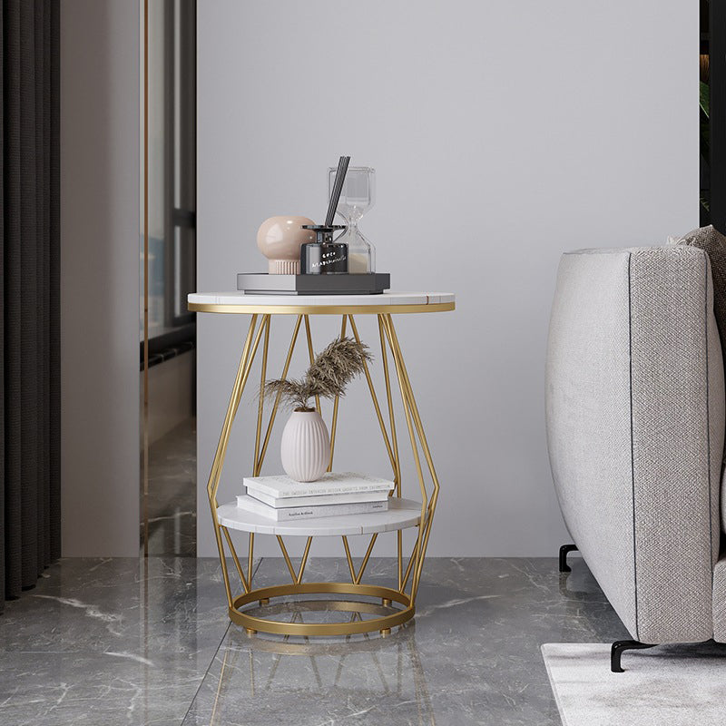 Contemporary Faux Marble Accent Table Nightstand 23.6" Tall Bed Nightstand with 2 Shelves White-Gold 1 Piece Clearhalo 'Bedroom Furniture' 'furn' 'furn_night_stand' 'Furniture' 'night_stand' 'Nightstands' 6036612