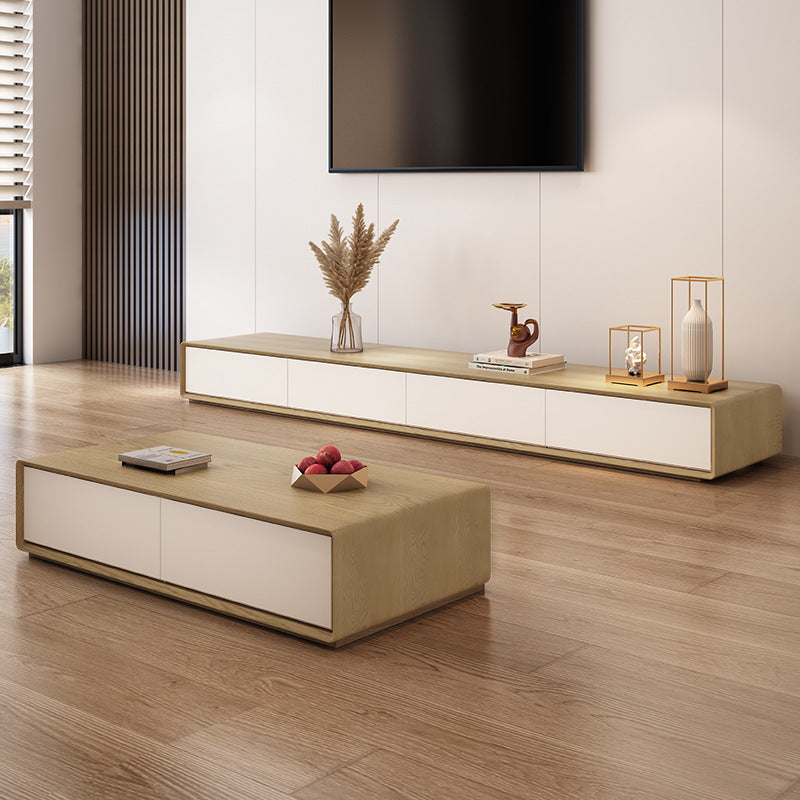 Natural and White Wood Media Console with Drawers Contemporary Faux Wood TV Media Stand