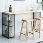 Solid Wood Bistro Table Metal Base Rectangle Bar Height Pub Table with Shelves
