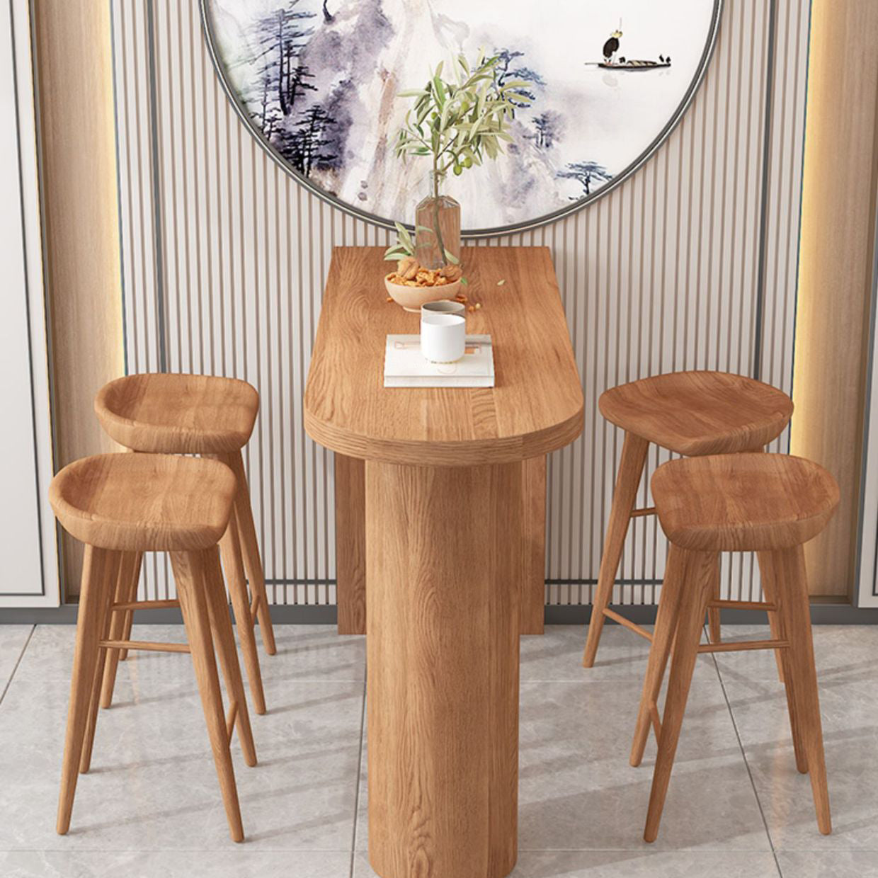 Massief houten eettafel op barhoogte, eigentijdse bartafel met dubbel voetstuk