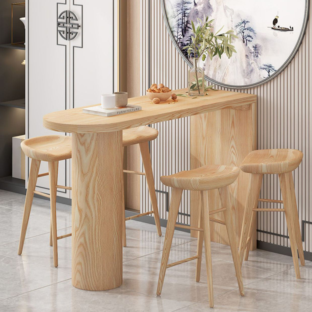 Massief houten eettafel op barhoogte, eigentijdse bartafel met dubbel voetstuk