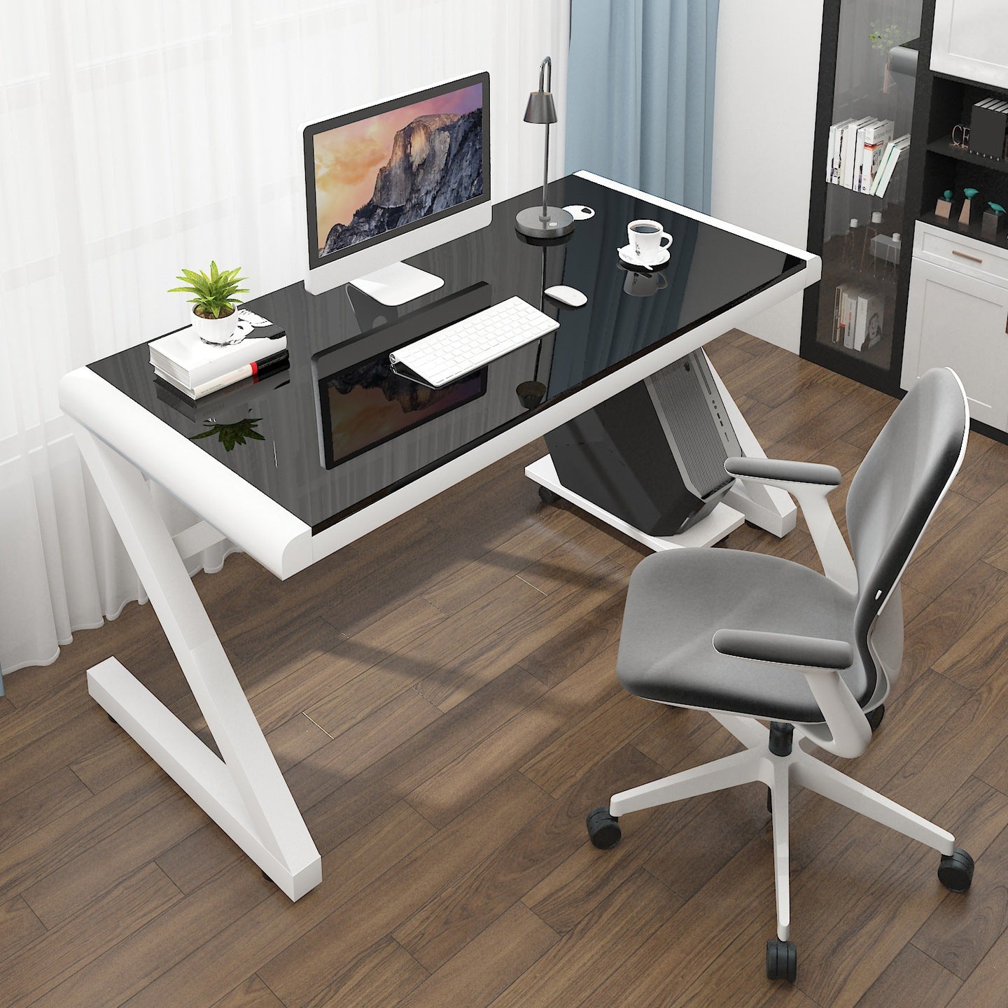 Contemporary Glass Computer Desk with Cable Management Writing Desk Clearhalo 'furn' 'furn_office_desk' 'Furniture' 'Office Desks' 'Office Furniture' 'office_desk' 6046683