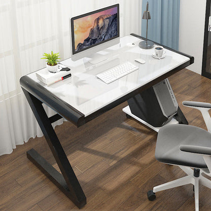 Contemporary Glass Computer Desk with Cable Management Writing Desk 39.4"L x 23.6"W x 29.5"H Black-White Clearhalo 'furn' 'furn_office_desk' 'Furniture' 'Office Desks' 'Office Furniture' 'office_desk' 6046684