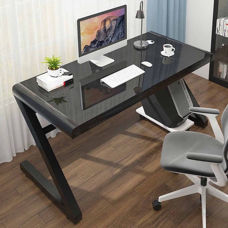 Contemporary Glass Computer Desk with Cable Management Writing Desk 55.1"L x 23.6"W x 29.5"H Black Clearhalo 'furn' 'furn_office_desk' 'Furniture' 'Office Desks' 'Office Furniture' 'office_desk' 6046686