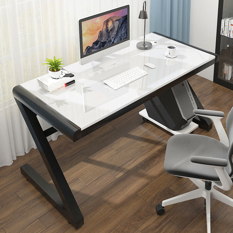 Contemporary Glass Computer Desk with Cable Management Writing Desk 55.1"L x 23.6"W x 29.5"H Black-White Clearhalo 'furn' 'furn_office_desk' 'Furniture' 'Office Desks' 'Office Furniture' 'office_desk' 6046688