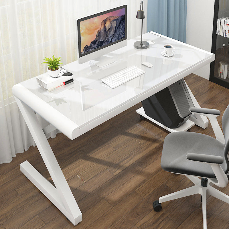 Contemporary Glass Computer Desk with Cable Management Writing Desk 55.1"L x 23.6"W x 29.5"H White Clearhalo 'furn' 'furn_office_desk' 'Furniture' 'Office Desks' 'Office Furniture' 'office_desk' 6046690